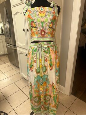 Rose & Olive Green Orange Paisley Skirt Set size S